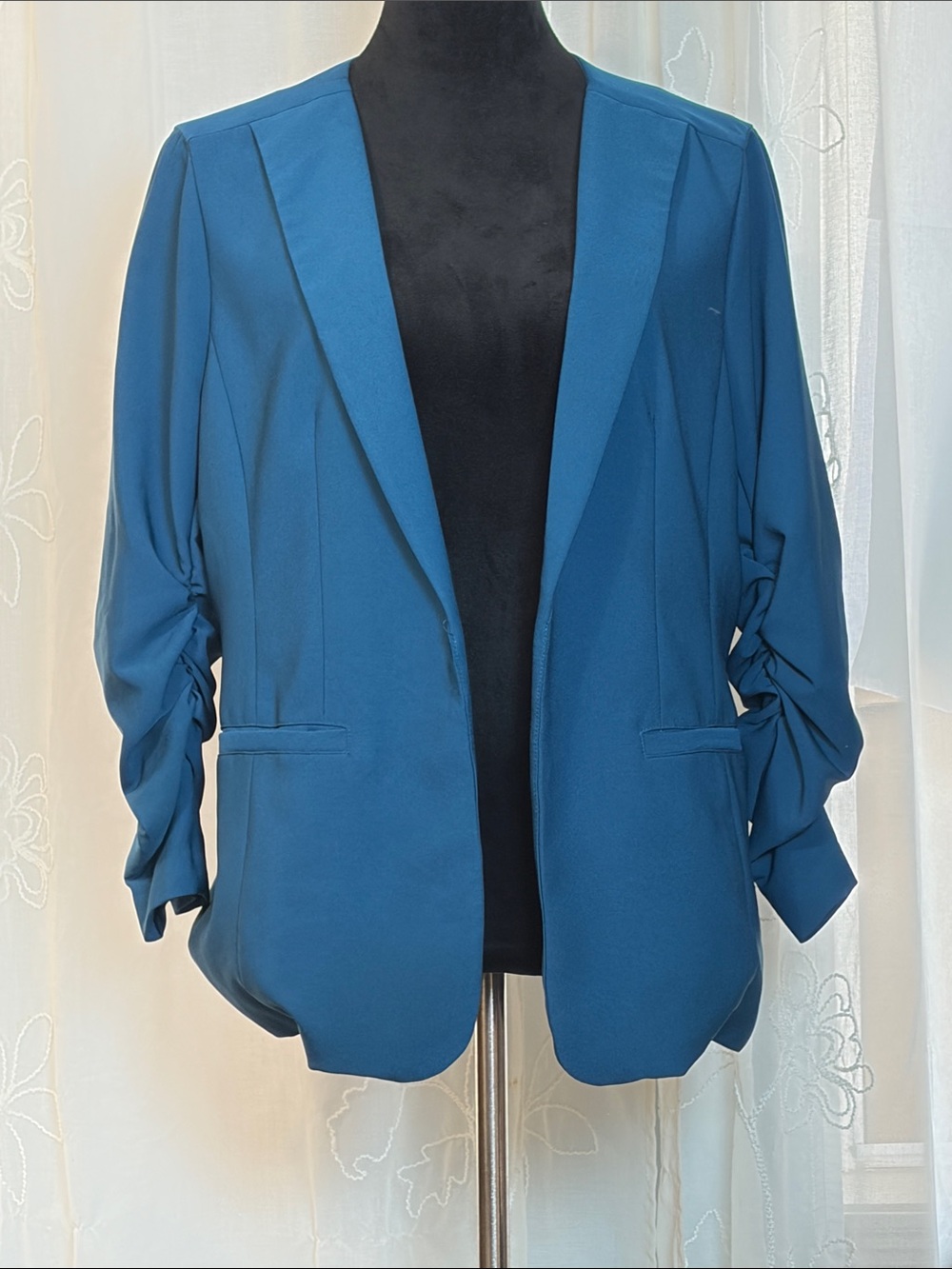 Skies Are Blue Deep Teal Ruched-Sleeve Open Blazer L